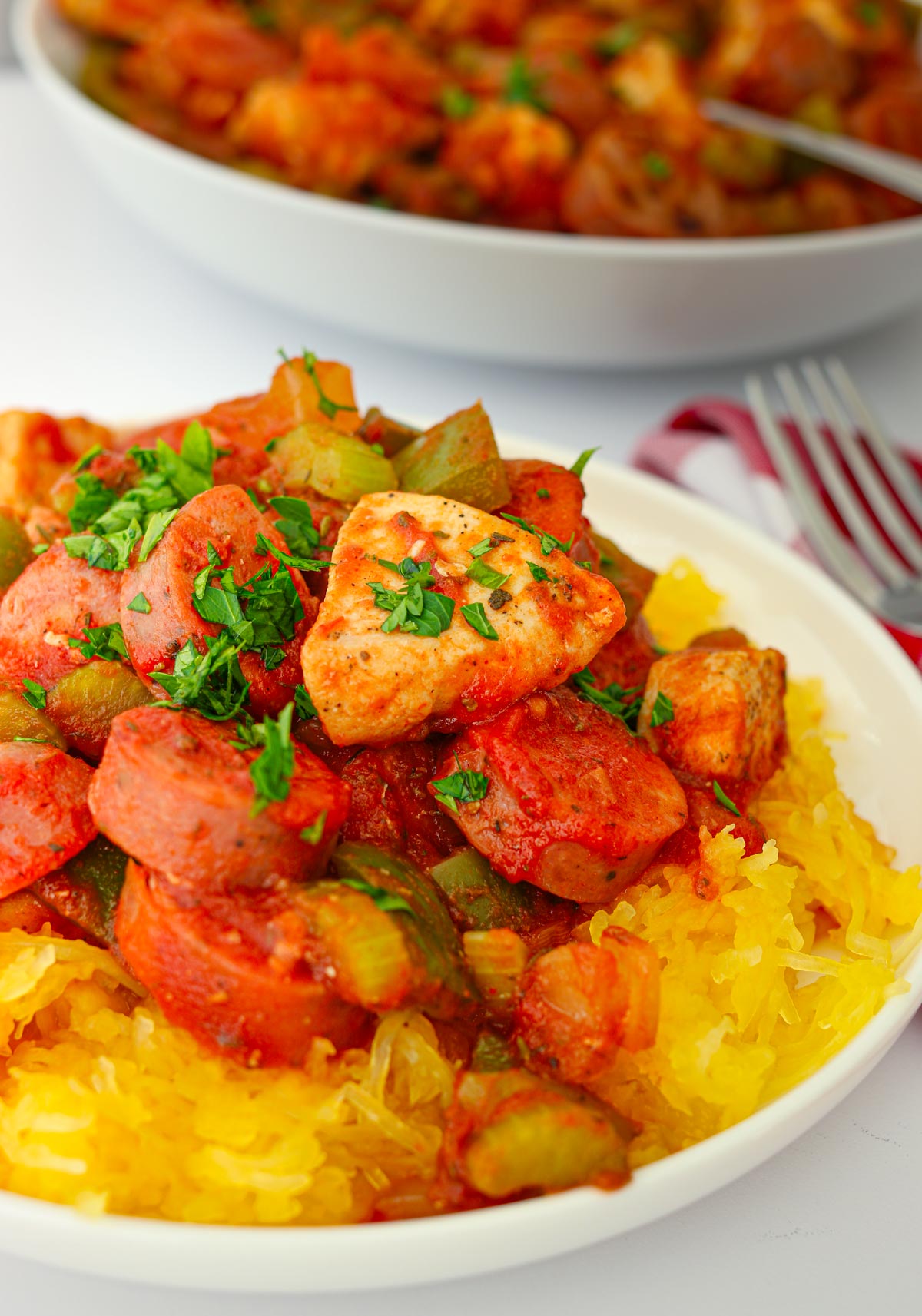 jambalaya on spaghetti squash on a white dish.