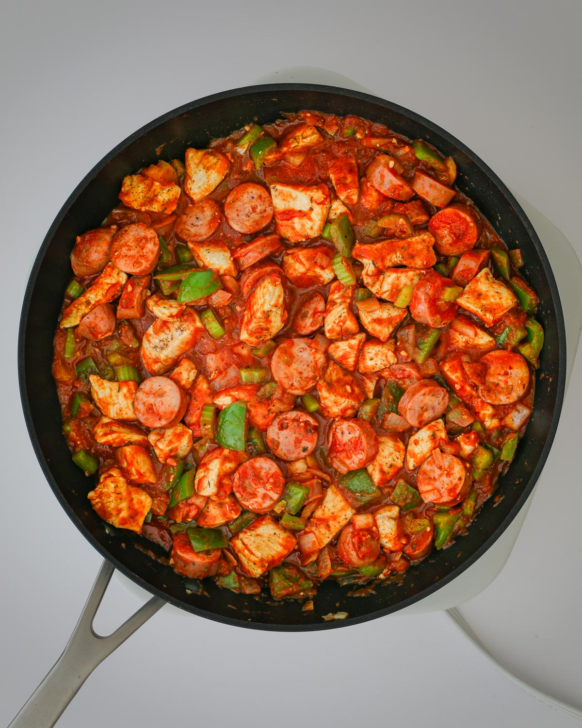 the finished meat sauce in the skillet.