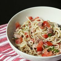 bowl of creamy noodles with ham