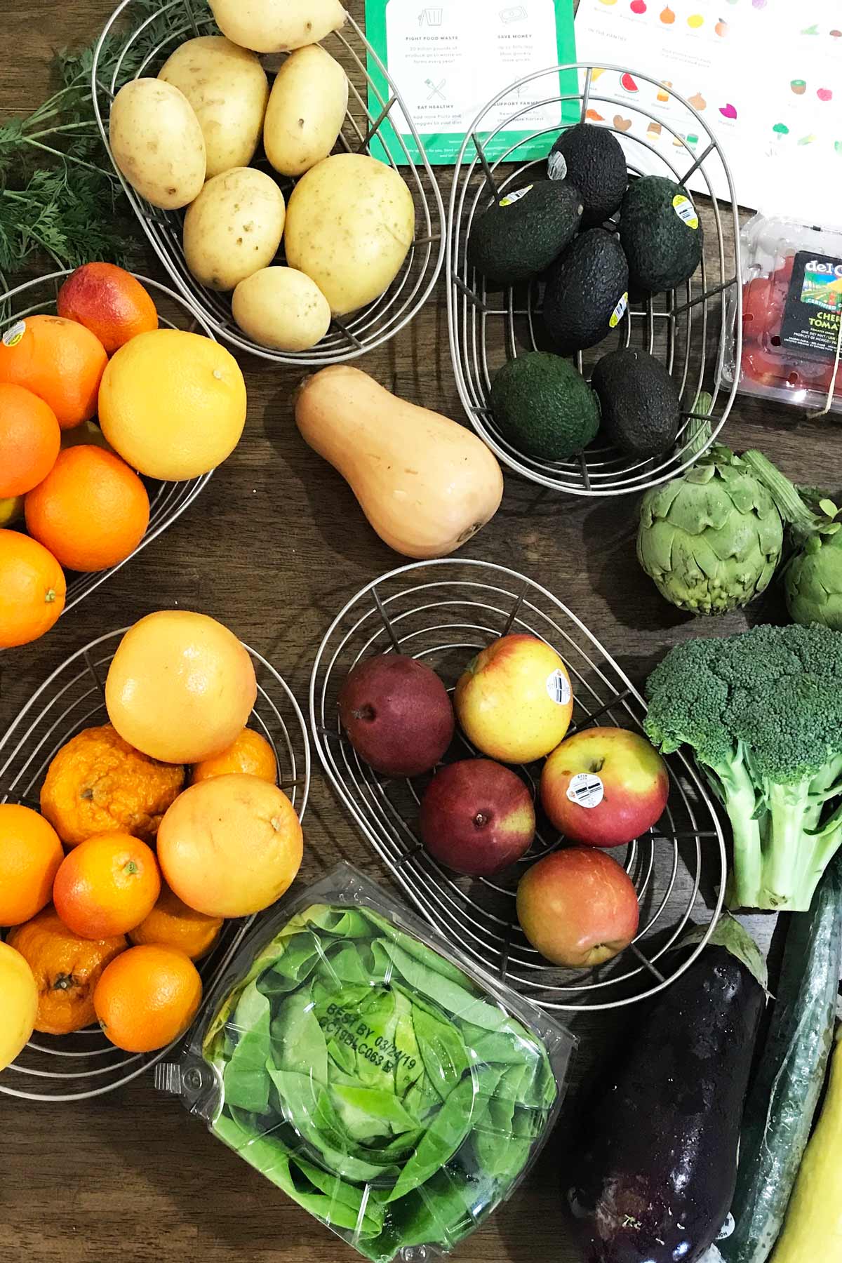 baskets of produce on table