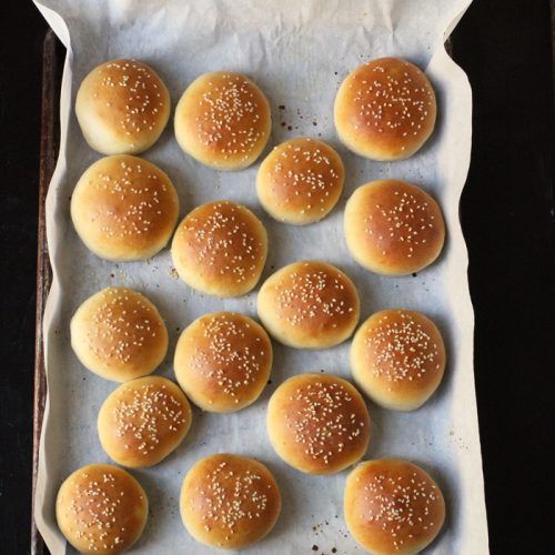 A pan of homemade burger buns