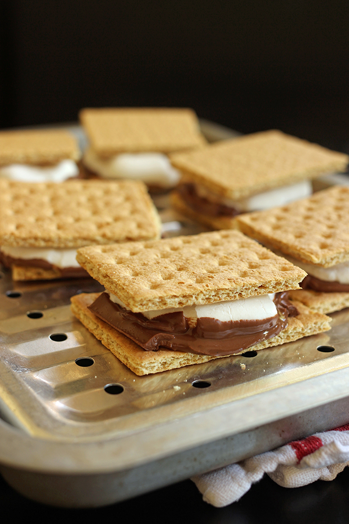 smores lined up on broiler tray