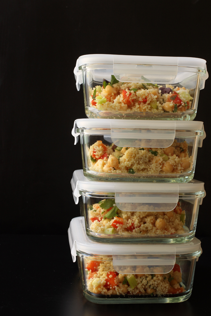 stacked containers of couscous salad