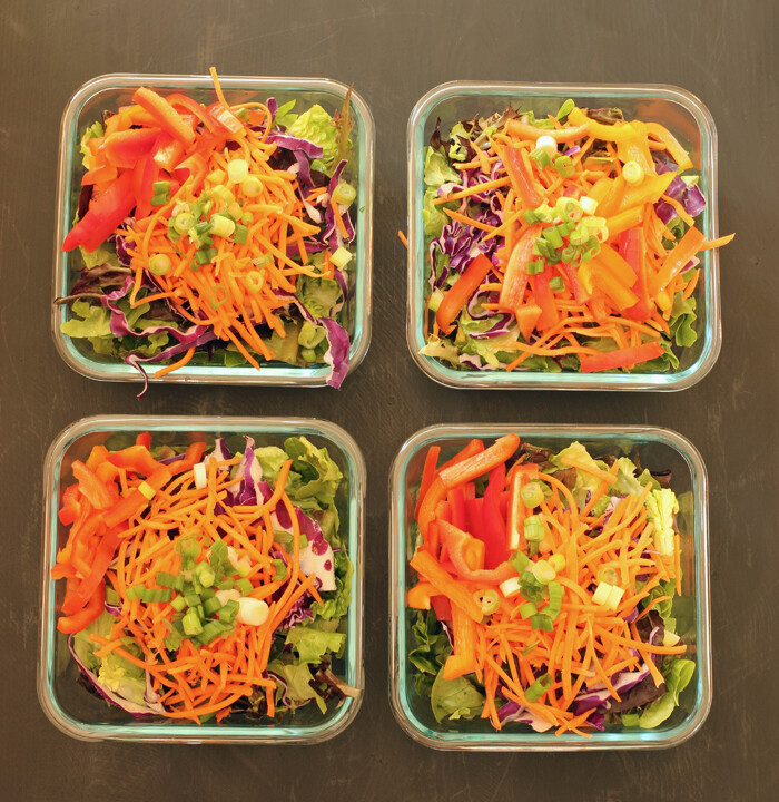 array of meal prep salads