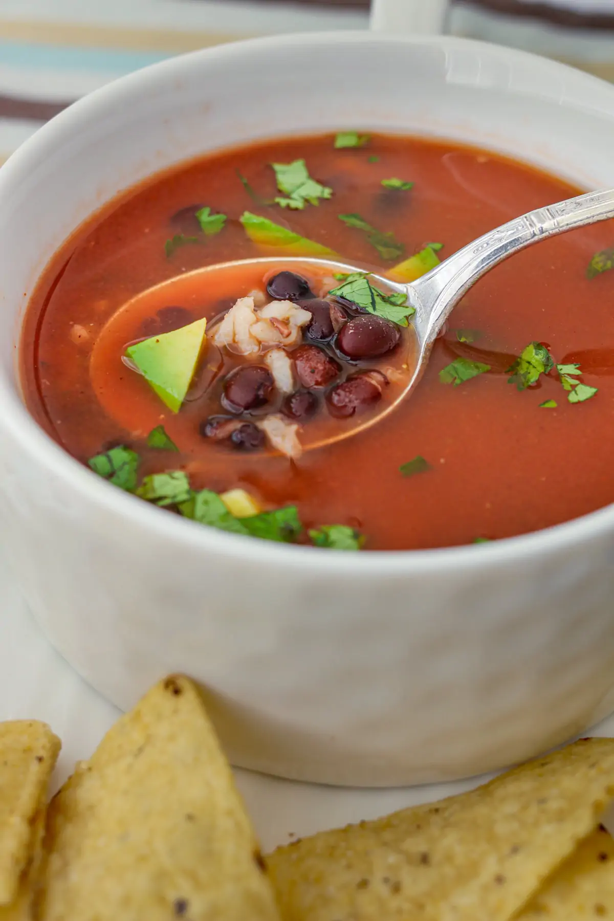 spoonful and bowl of soup with plate of chips.