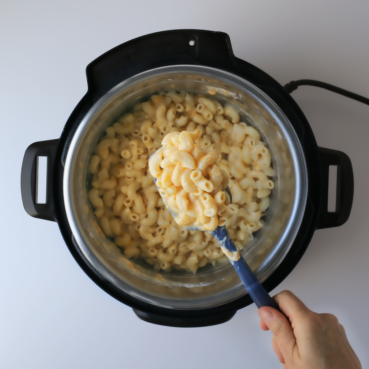 the finished mac and cheese in the pot.