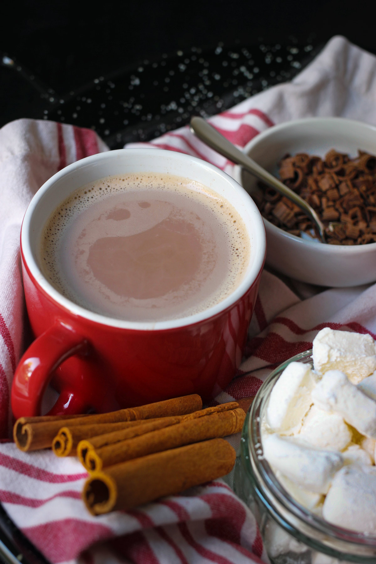 mug of hot cocoa on red striped cloth surrounded by dishes of toppings.