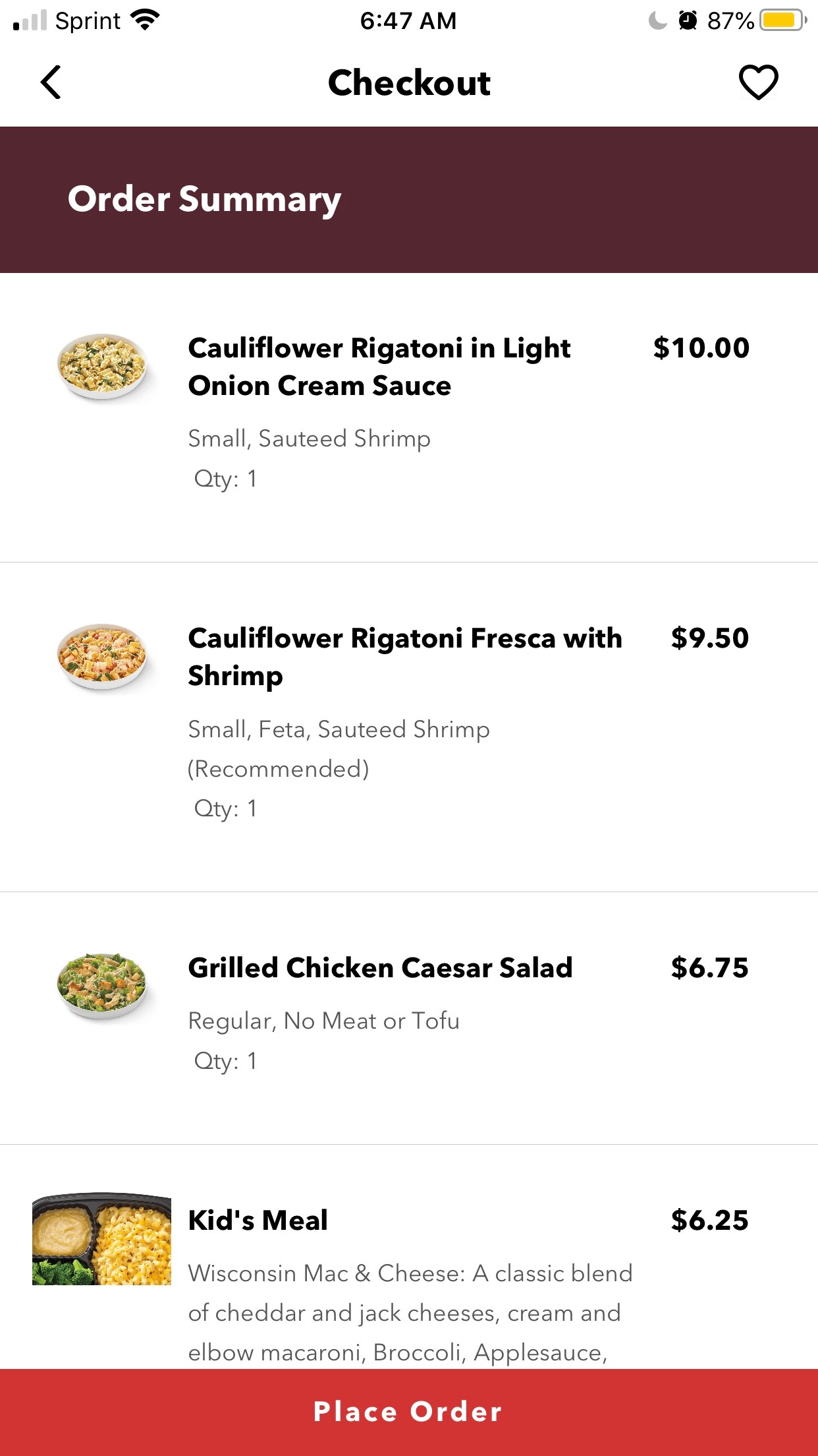 screenshot of order on noodles app