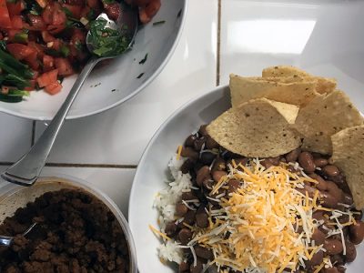 bowl of salsa and burrito bowl