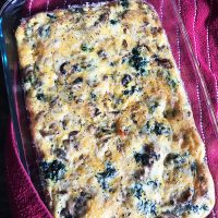 egg bake in casserole dish on red cloth