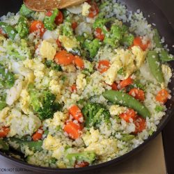 pan of cooked cauliflower fried rice