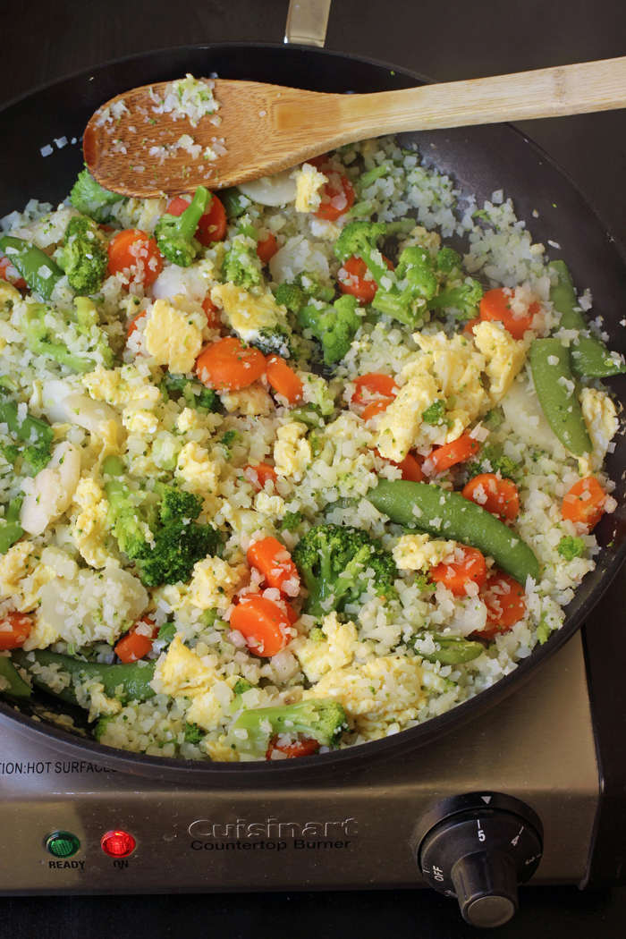 pan of cooked cauliflower fried rice