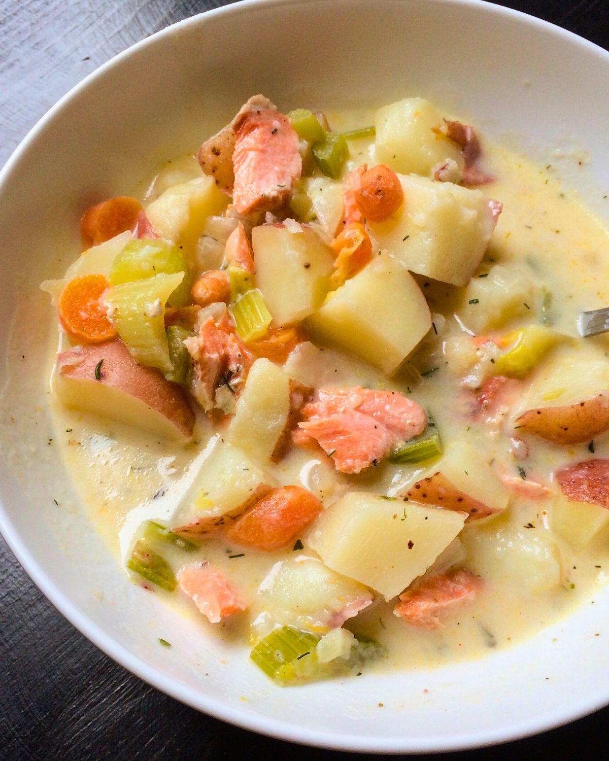 bowl of fish chowder made from leftovers.