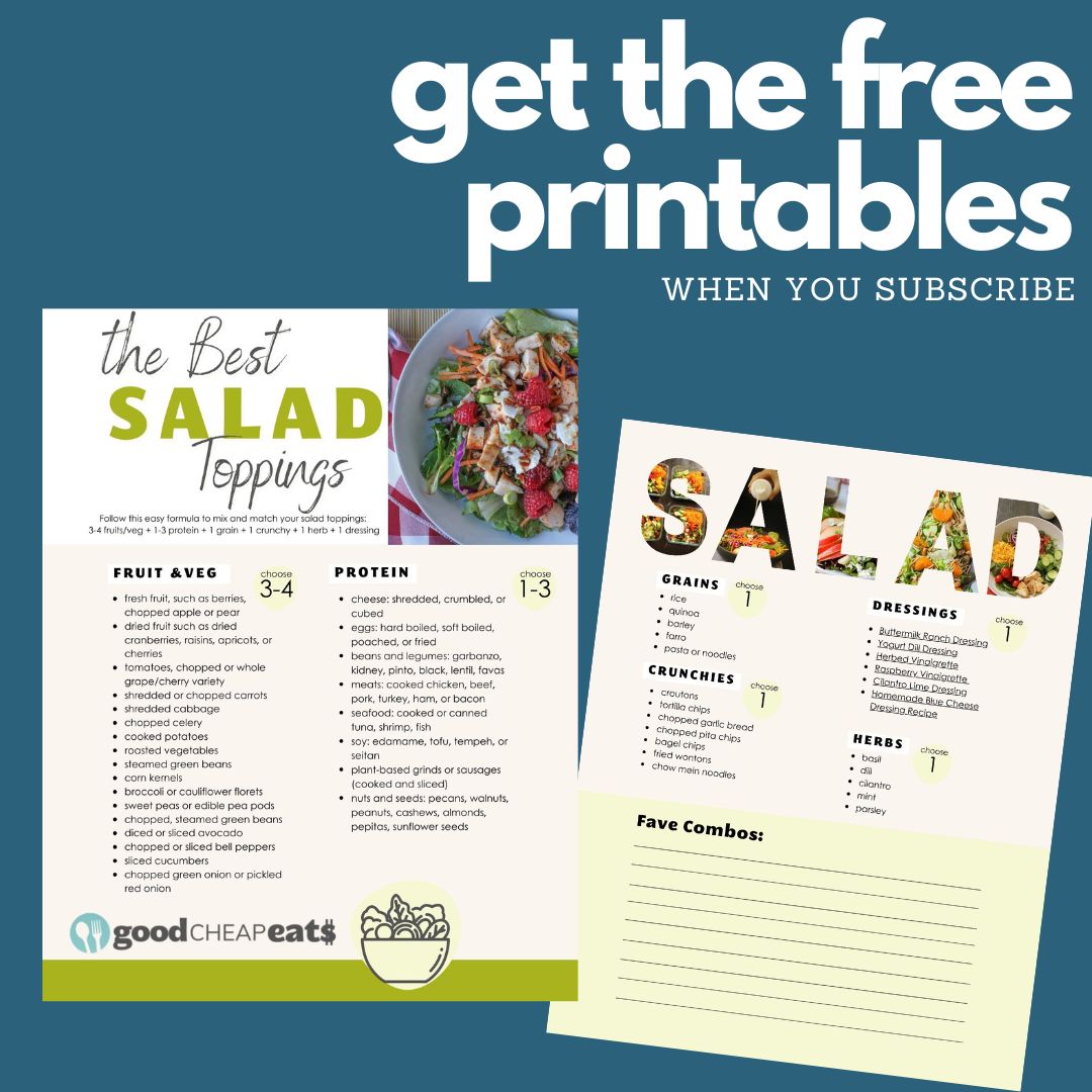 collage of free salad toppings printables on a teal background.