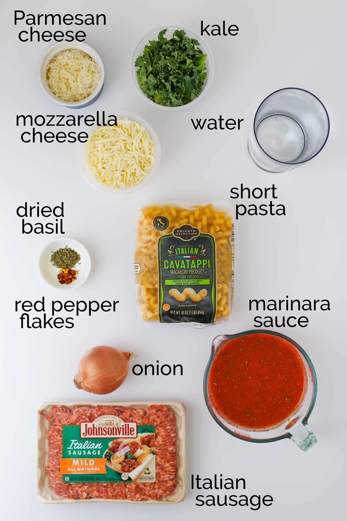 ingredients for instant pot pasta laid out on white counter.