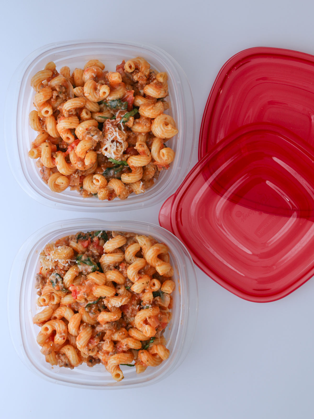instant pot pasta dished up in meal prep boxes.