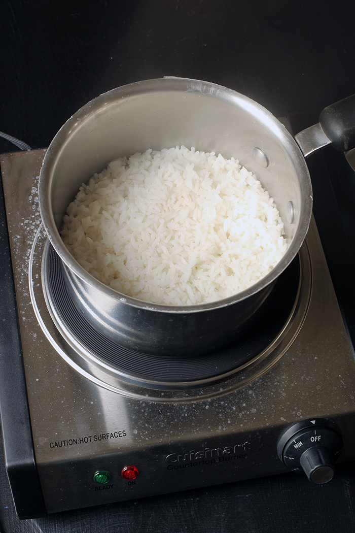 cooked rice in saucepan