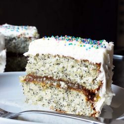slice of poppy seed cake and lemon curd