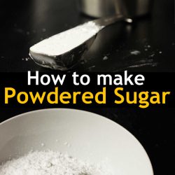 measuring spoon with cornstarch next to bowl of powdered sugar