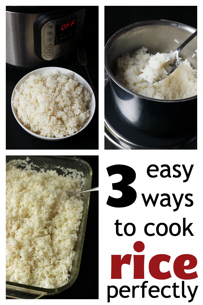 a collage of three different ways to cook rice