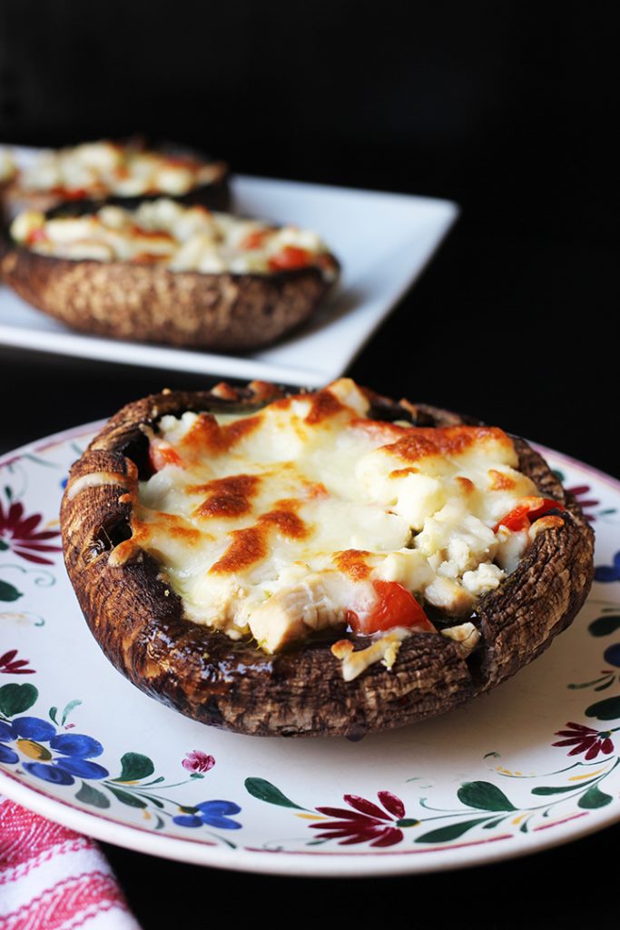 A mushroom pizza on a plate