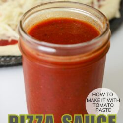 jar of pizza sauce near a pizza, with text overlay.