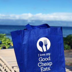 good cheap eats grocery bag on lounge chair in maui