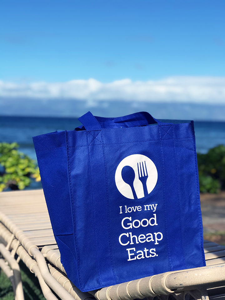 good cheap eats grocery bag on lounge chair in maui