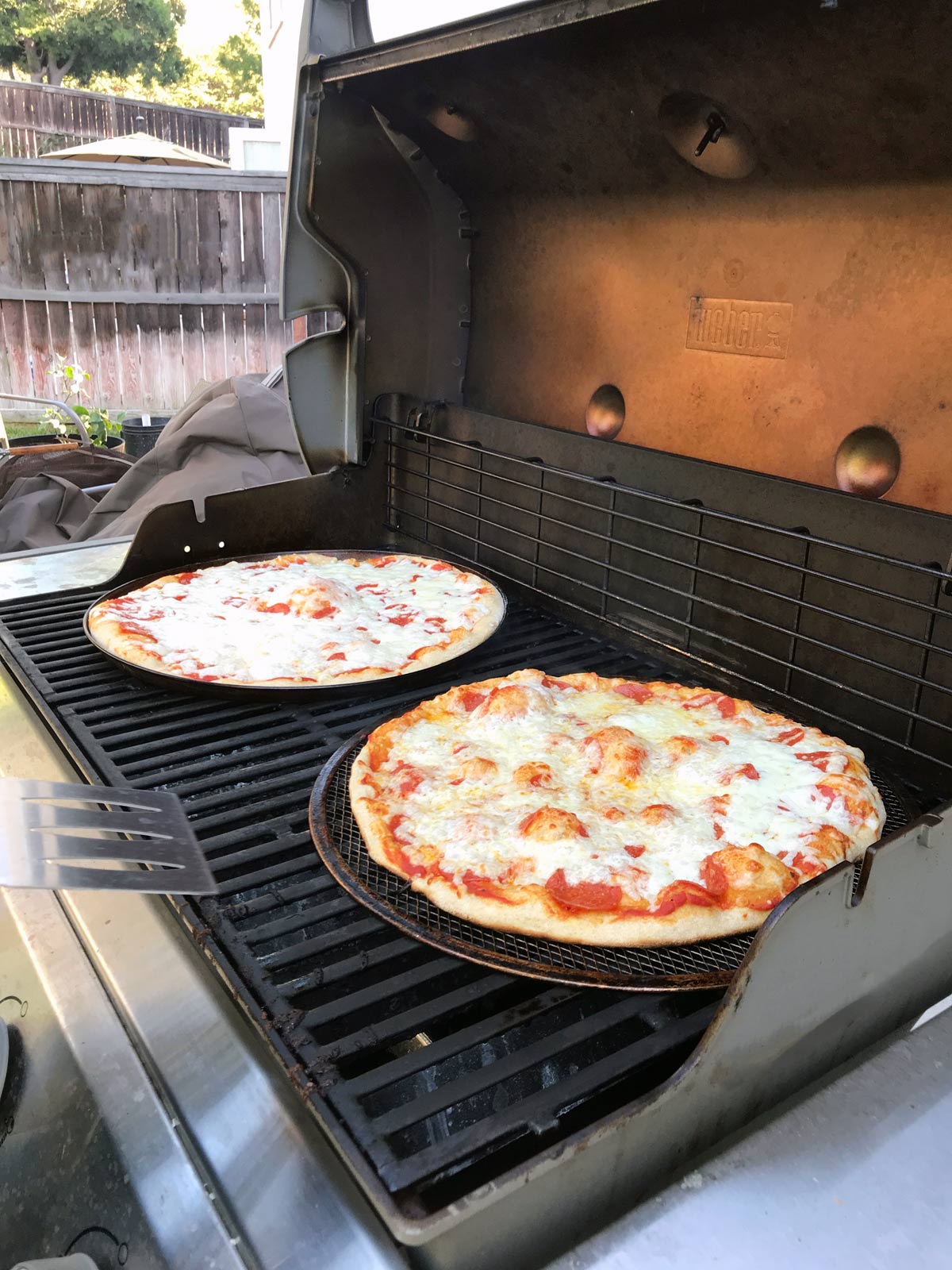 two pizzas on screens cooking on the grill in the backyard.