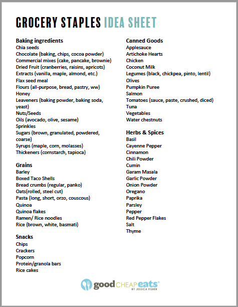 image of grocery staples idea sheet