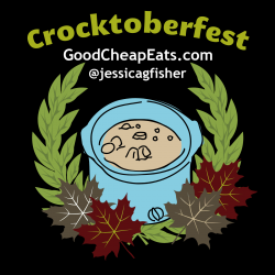crocktoberfest badge with cartoon slow cooker and wreath of leaves