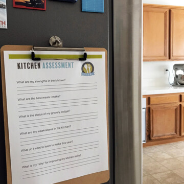kitchen assessment worksheet on clipboard on side of fridge