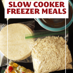 packaged components for slow cooker freezer meal on table top.