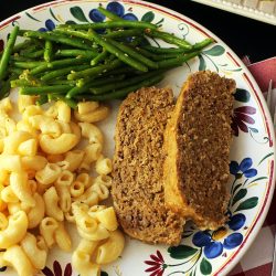 dinner plate with slow cooker meatloaf and sides