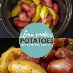 collage of potatoes in crockpot and finished on plate, with text overlay.