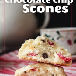stacked scones by tea pot and tea cup with text overlay.