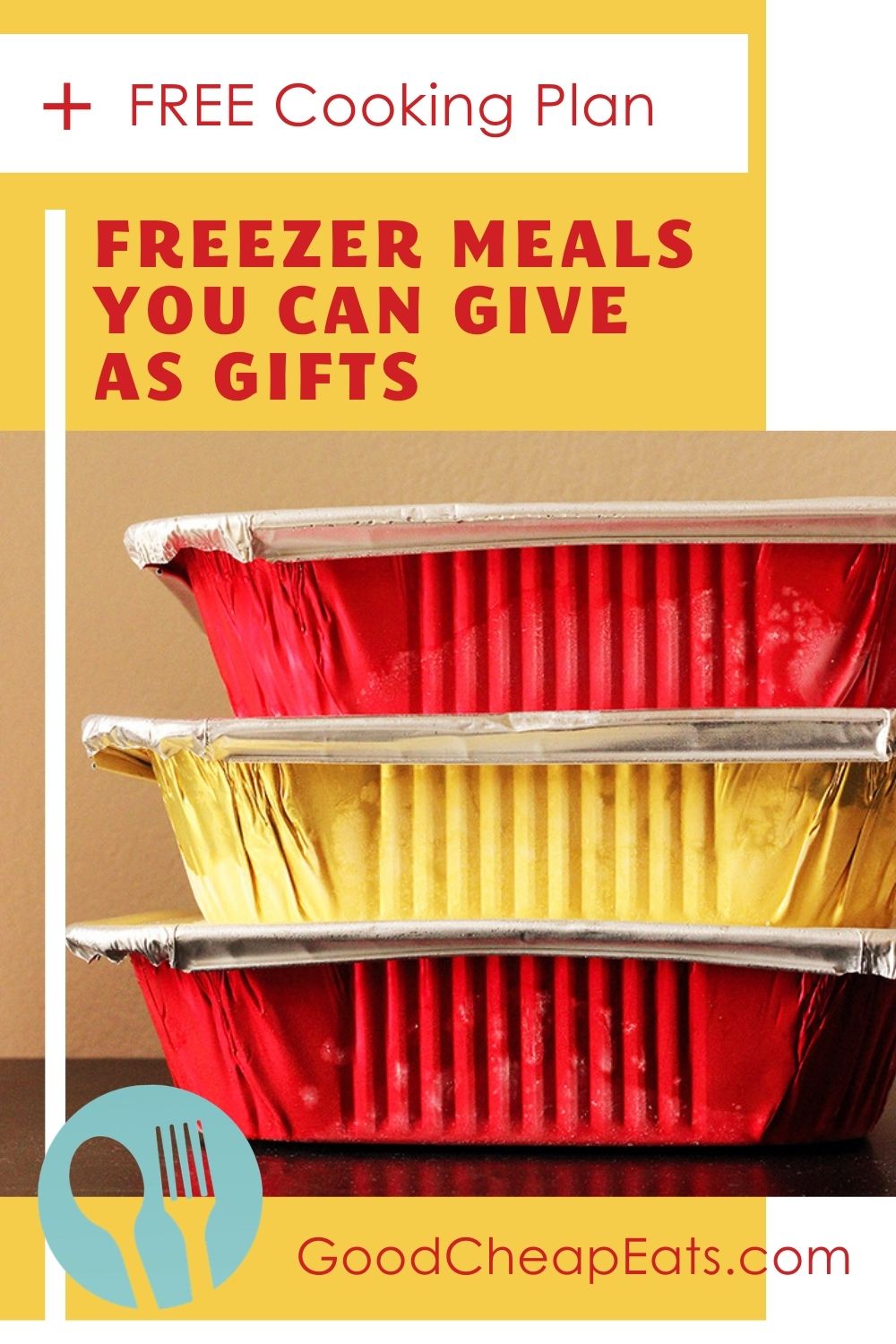 A close up of stacked freezer meals in red and gold containers