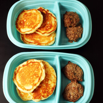 meal prep pancake and sausage in single serve boxes