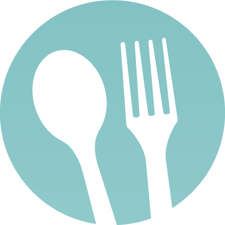white spoon and fork on a teal plate logo.