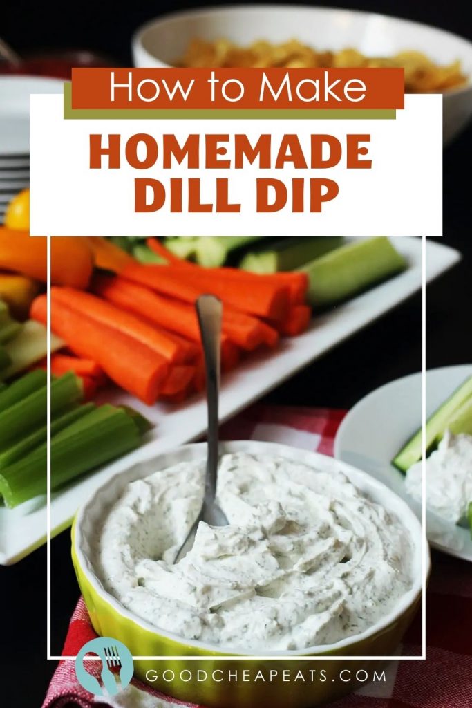 Pinterest pin featuring the dip in a green bowls and a white platter full of cut vegetables