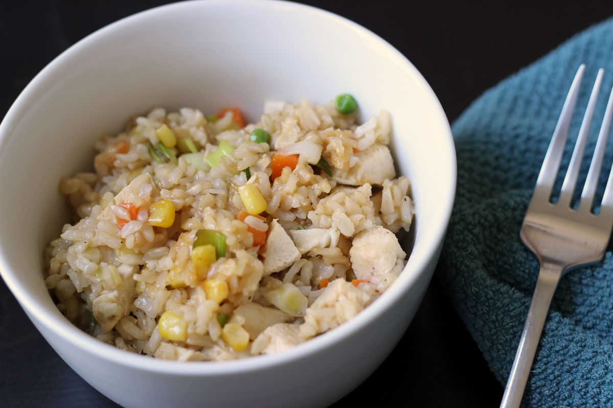 fried rice in bowl with fork