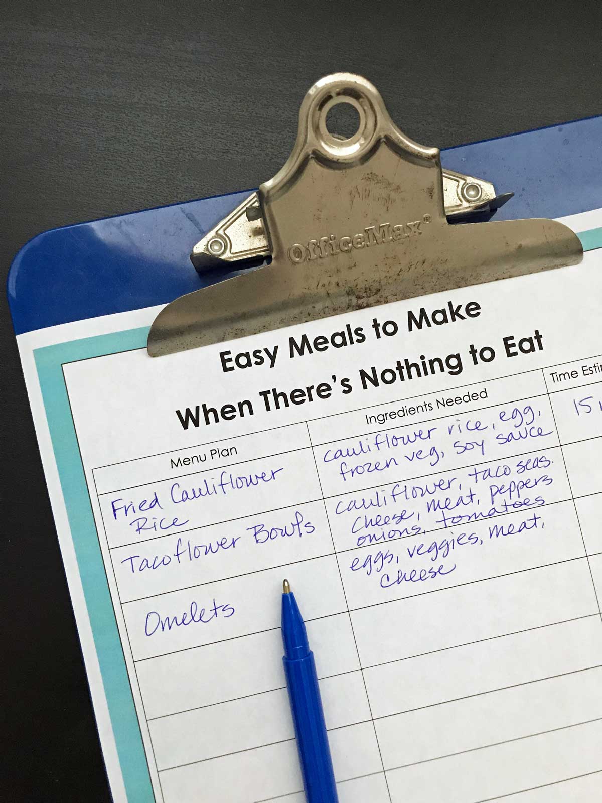 clipboard with worksheet of easy meals to make