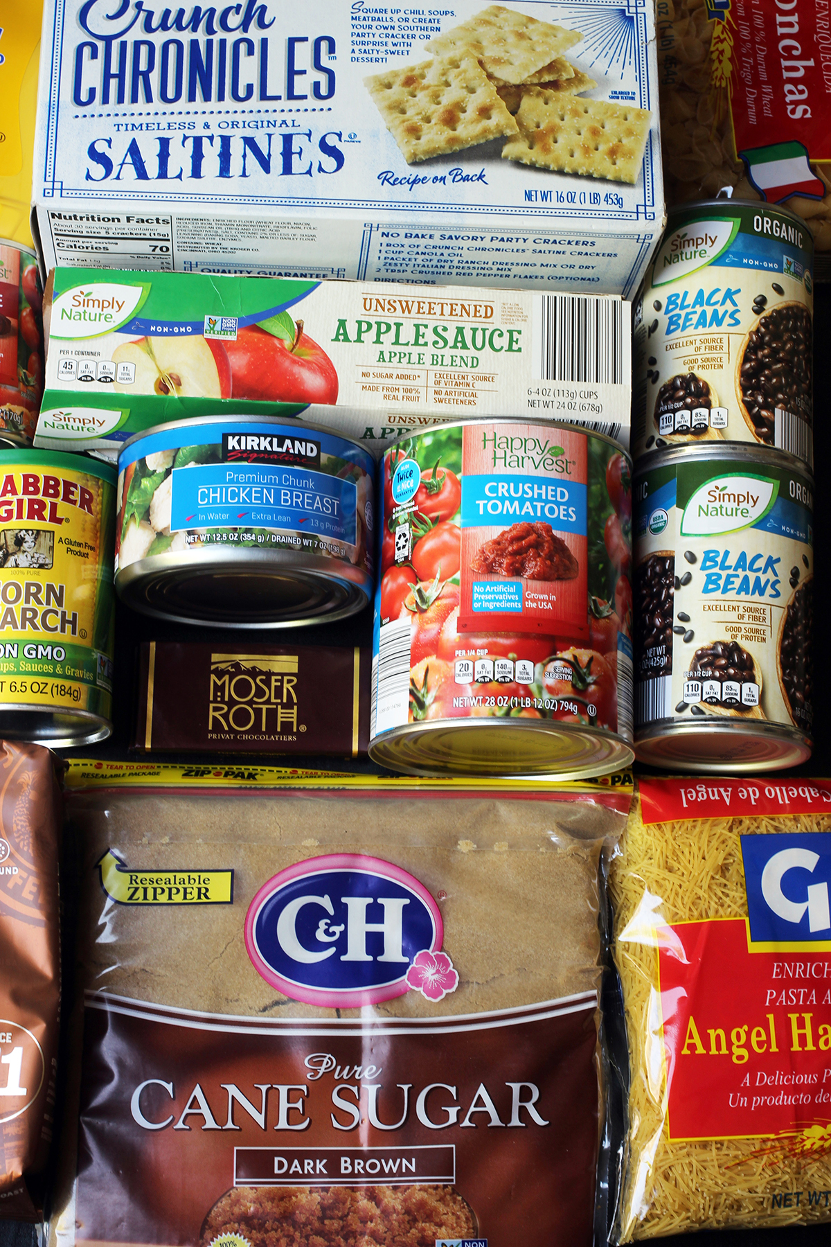 flatlay of pantry groceries