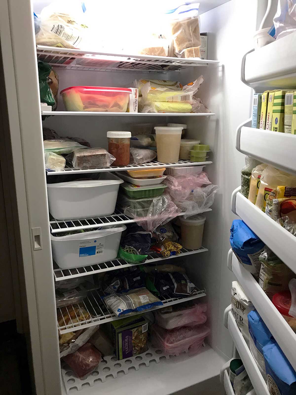 freezer with food on the shelves