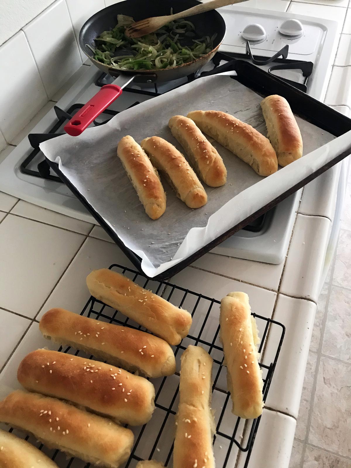 hot dog buns cooling on kitchen counter