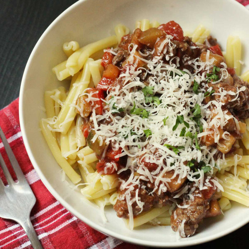 bowl of pasta with vegetable bolognese