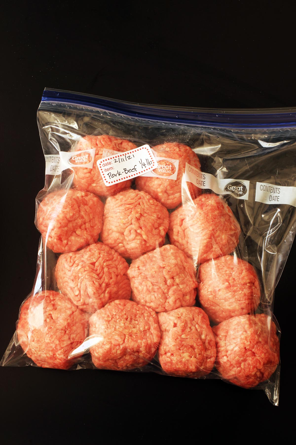 balls of ground beef in ziptop bag