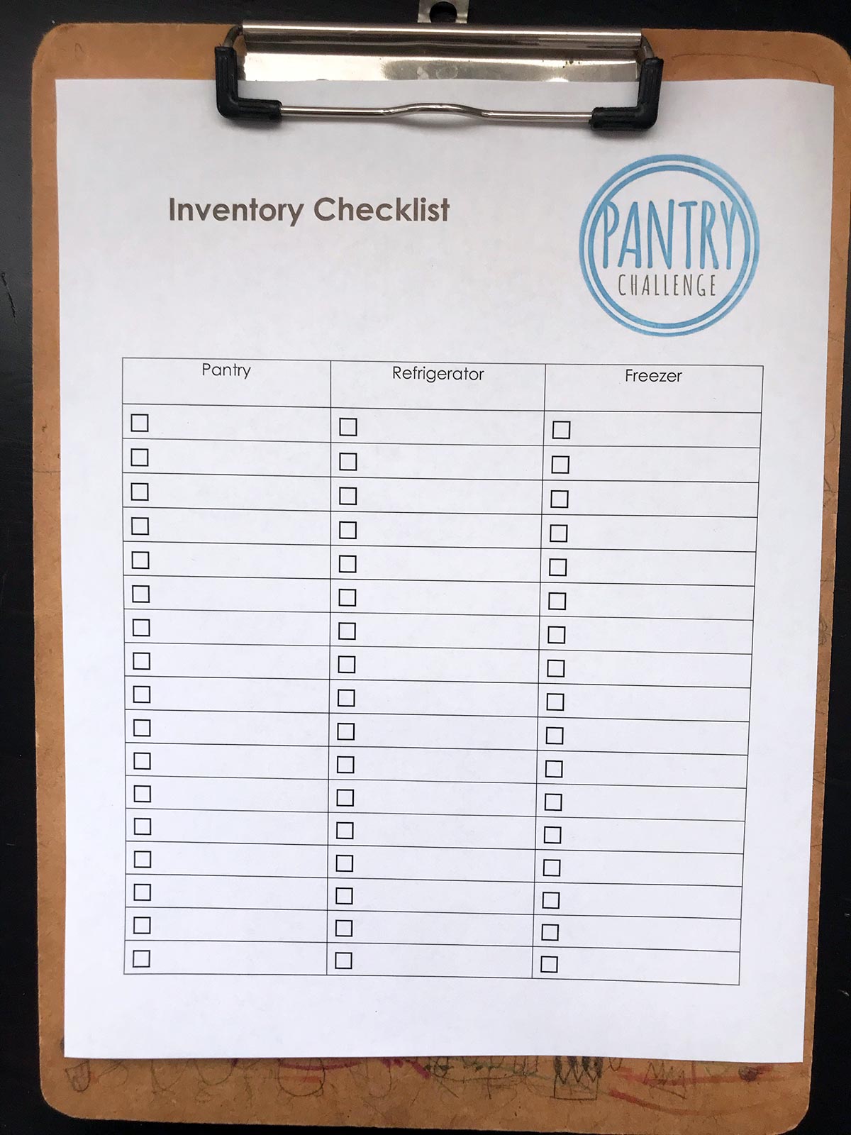 pantry challenge inventory worksheet on clipboard