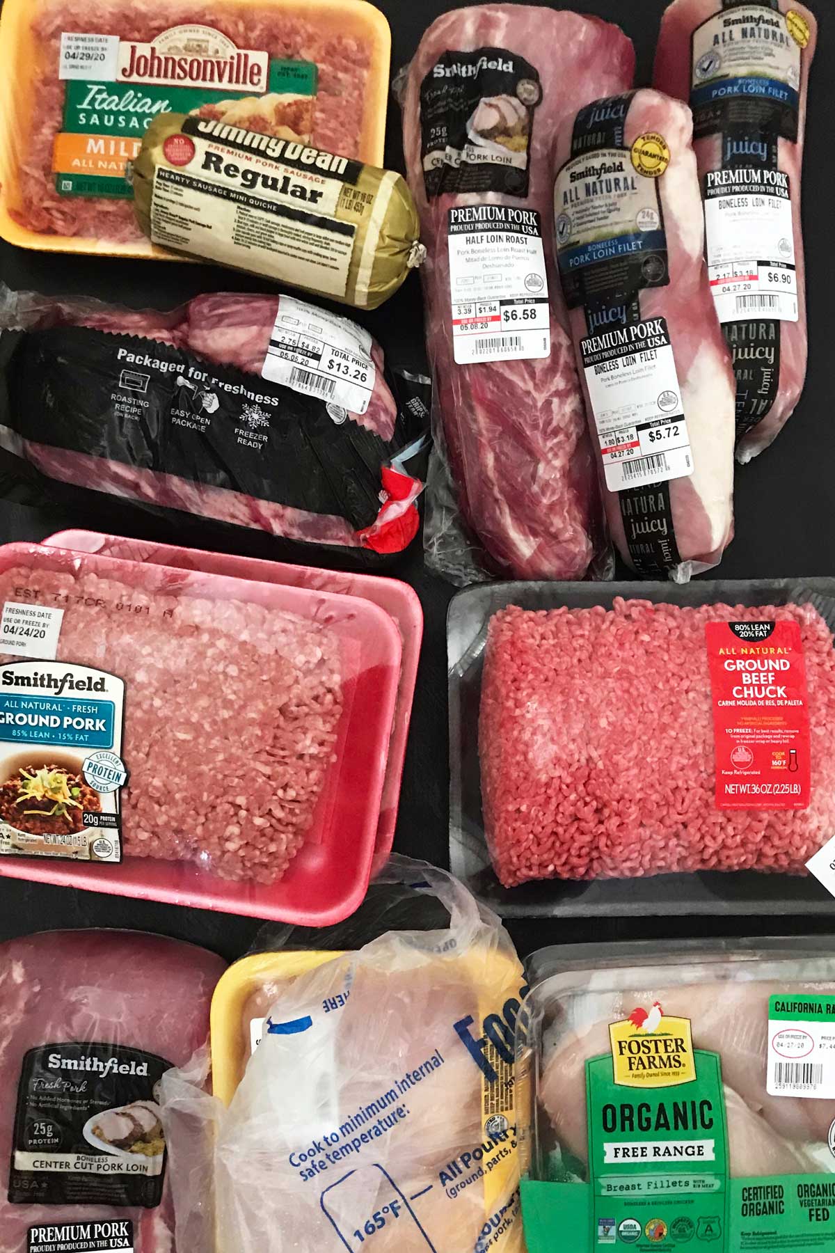 array of meat packages on table