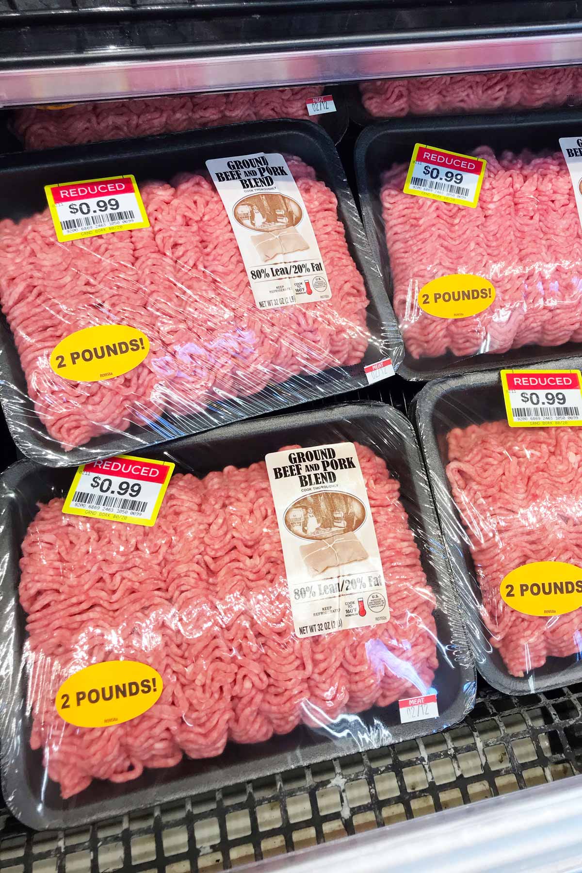 sale rack of ground beef at store